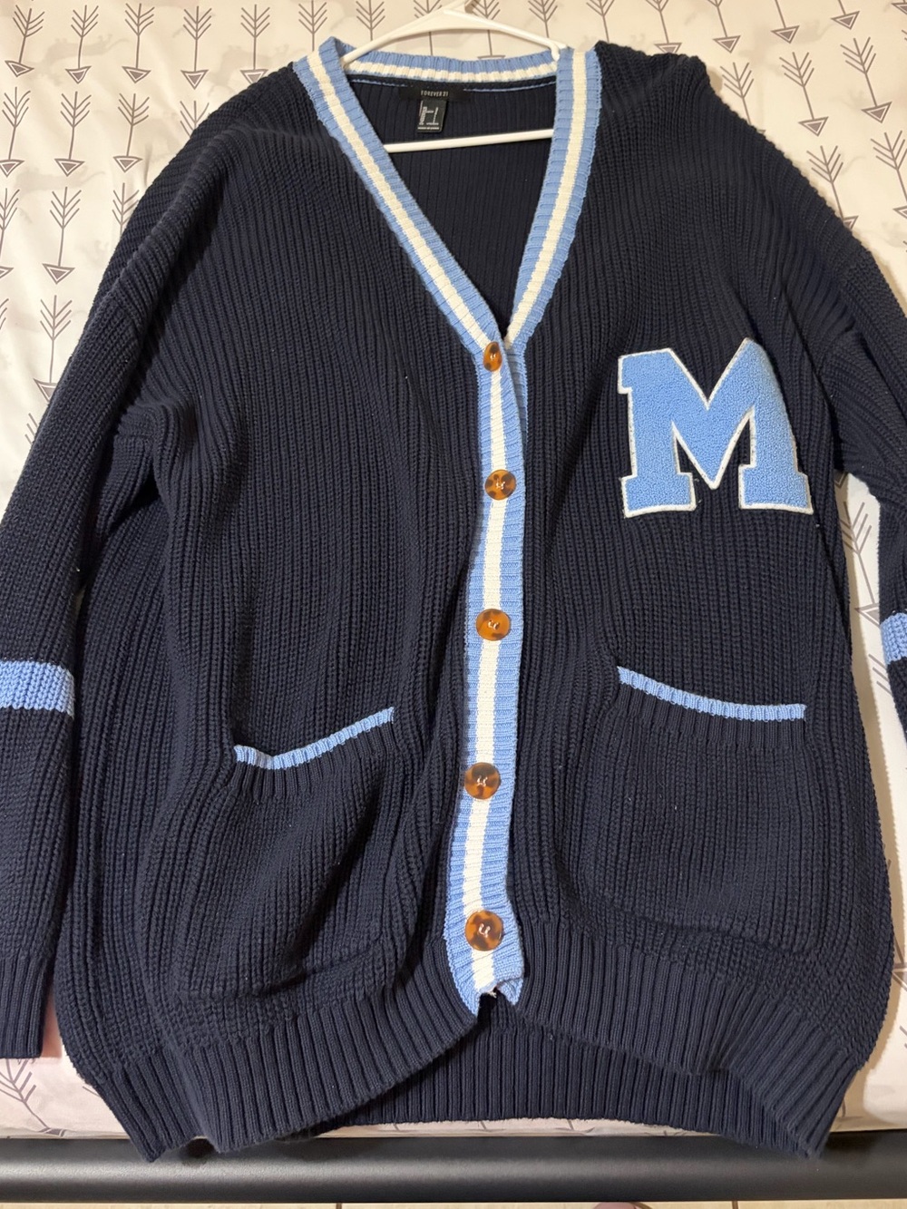 Forever 21 Navy Cardigan with Light Blue Trim and 'M' Patch